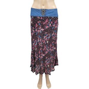 Faded Glory 90s Floral Skirt with Denim Waist Prarie Western Boho